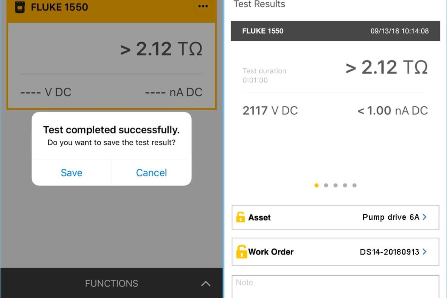 An example time test result from a Fluke 1550C FC as displayed by the Fluke Connect app on a mobile phone